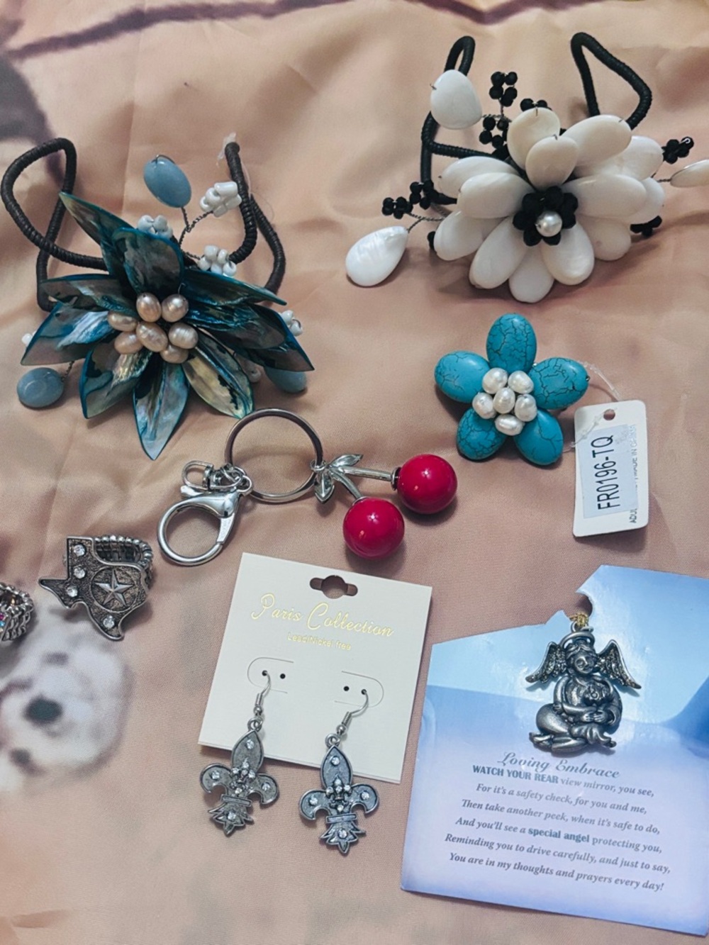 Floral Turquoise & White Statement Hair Clips and Cherry Keychain Set